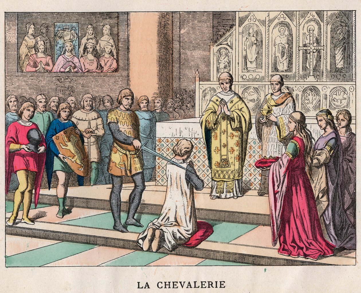 Ridderslag - La Chivalerie - Verzachting van een ridder - Gravure eind 19e eeuw in 