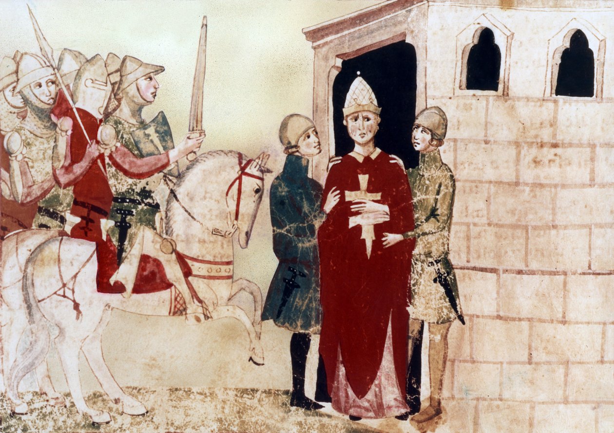 Paus Bonifatius VIII (1294-1303) hier gevangene in Anagni in 1303, illustratie uit 14e-eeuws manuscript door Unknown artist