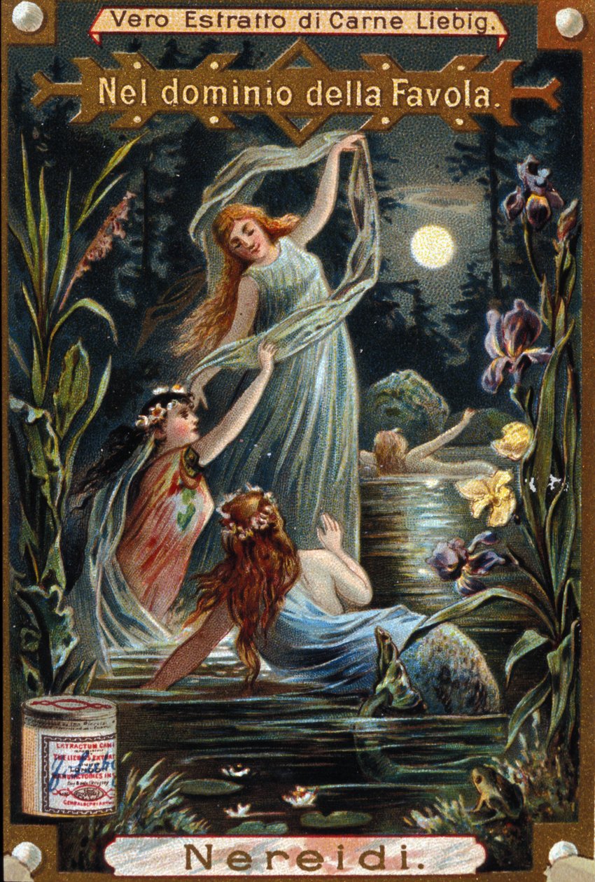 Weergave van nereïden, mariene nimfen. 19e-eeuwse chromolithografie door Unknown artist