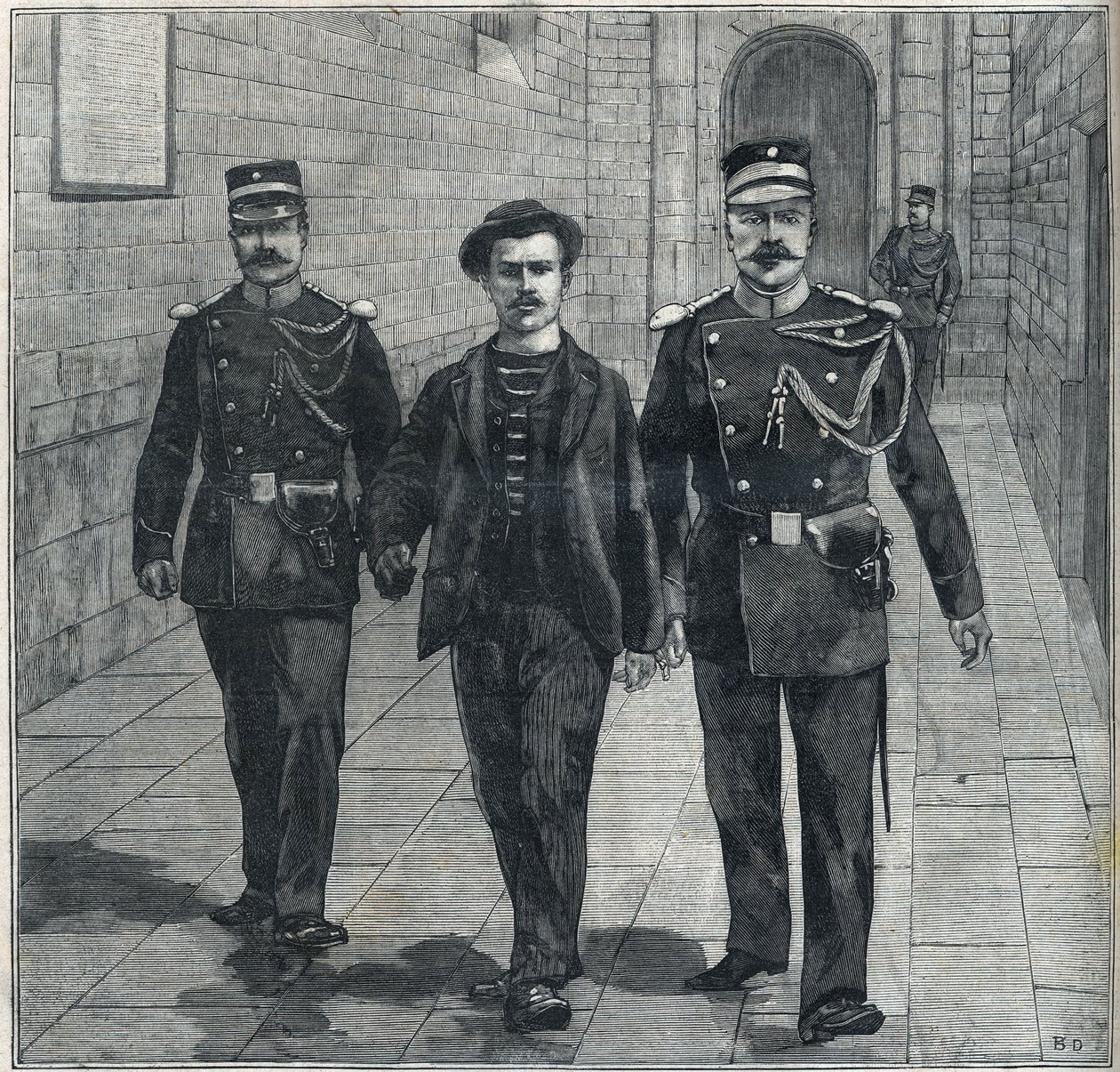 De Italiaanse anarchist Luigi Luccheni (Lucheni), moordenaar van keizerin Elizabeth van Oostenrijk (Sissi), voor het gerecht gebracht in 1898. door Unknown artist