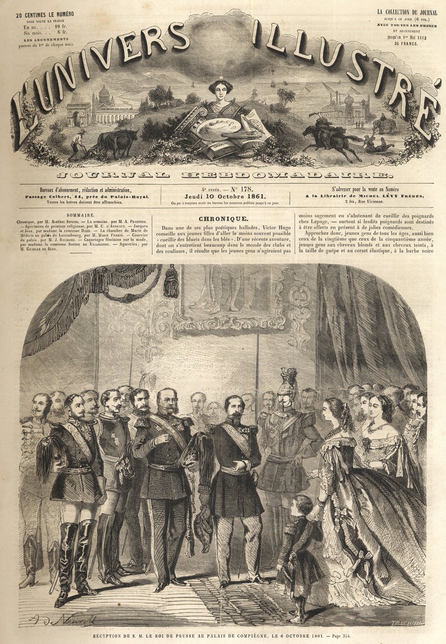 Het bezoek van Willem, de koning van Pruisen, aan Napoleon III, de keizer van de Fransen, in Compiègne, Frankrijk 1861 - Bezoek van Willem I van Pruisen (1797-1888) aan Compiègne in aanwezigheid van Napoleon III - Gravure uit 
