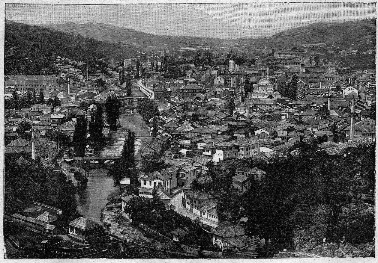 zicht op de stad Sarajevo in 1894 - gravure door Unknown artist