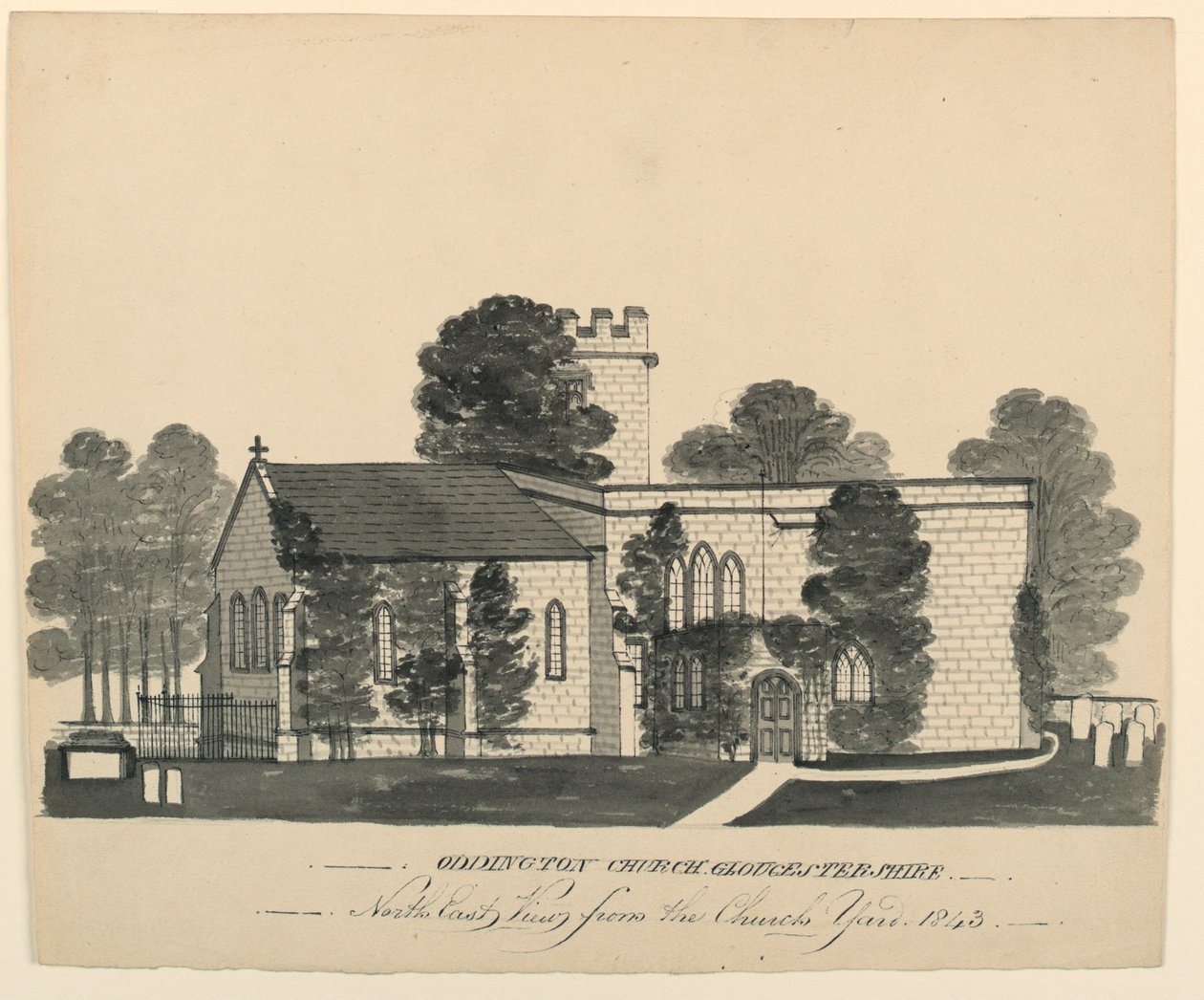 Kerkhof van Oddington, Gloucestershire, noordoostaanzicht door Unknown, English
