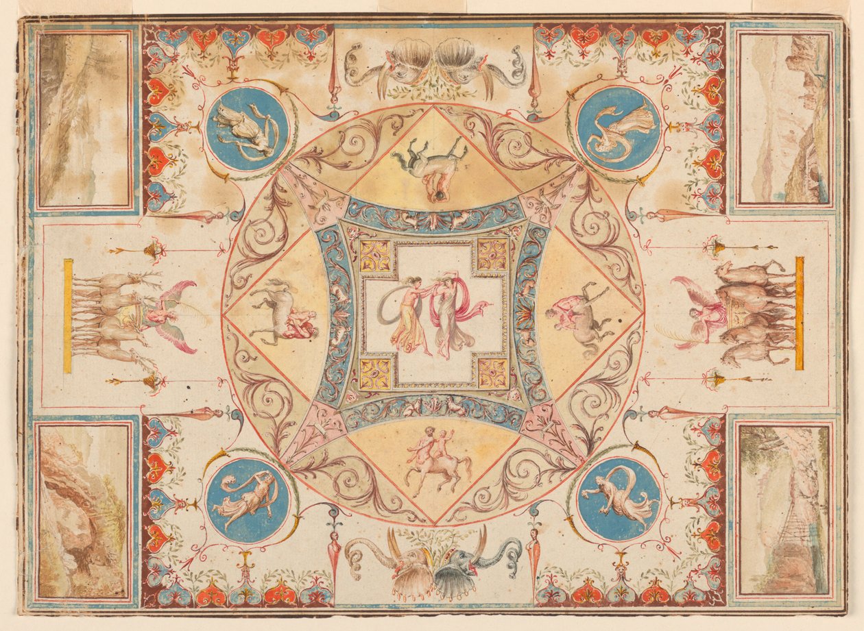 Plafond in de Villa van Hadrianus, met nimfen, centauren, herten en olifanten door Unknown, Italian