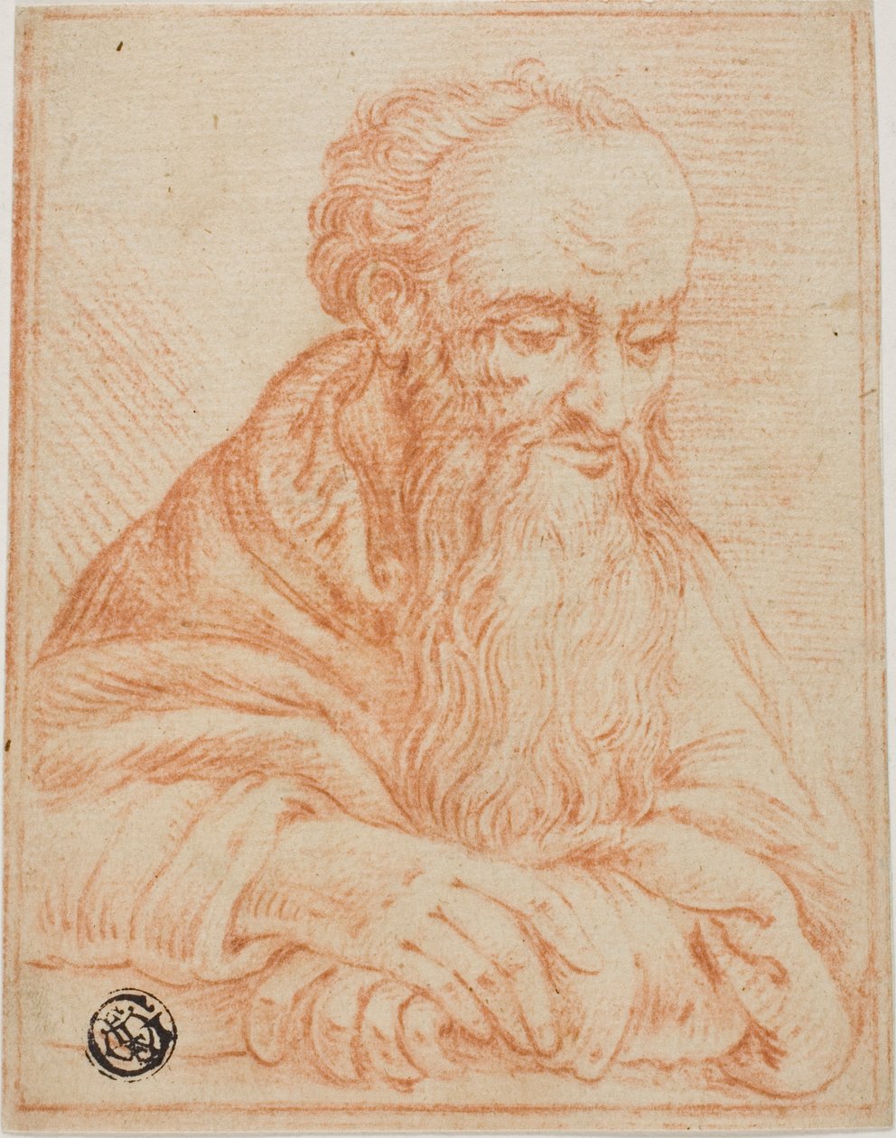 Halve schets van man met baard, leunend op vensterbank of tafel door Unknown Italian