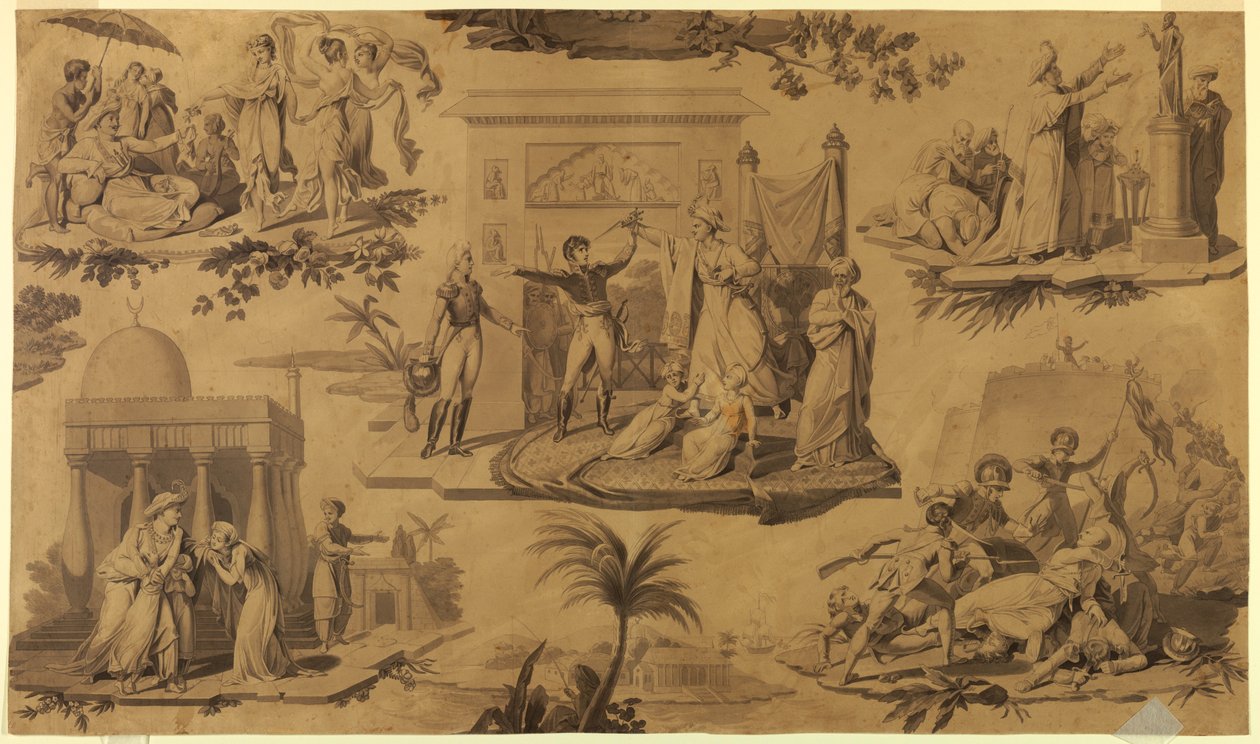 Tekening, Cartoon voor bedrukt katoenen textiel: De Fransen in Egypte [Les Francais en Egypte], ca. 1815 door Unknown artistUnknown artist