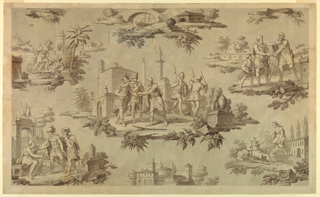 Tekening, Cartoon voor katoendruk: Het leven van Belisaire [La Vie de Bélisaire], ca. 1820 door Unknown artistUnknown artist