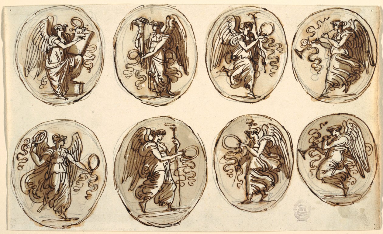 Tekening, plafondontwerp, geschiedenis, overvloed in zes ovalen, zaal van Hercules en Hebe, Palazzo Gessi, Faenza, 1813 door Unknown artistUnknown artist