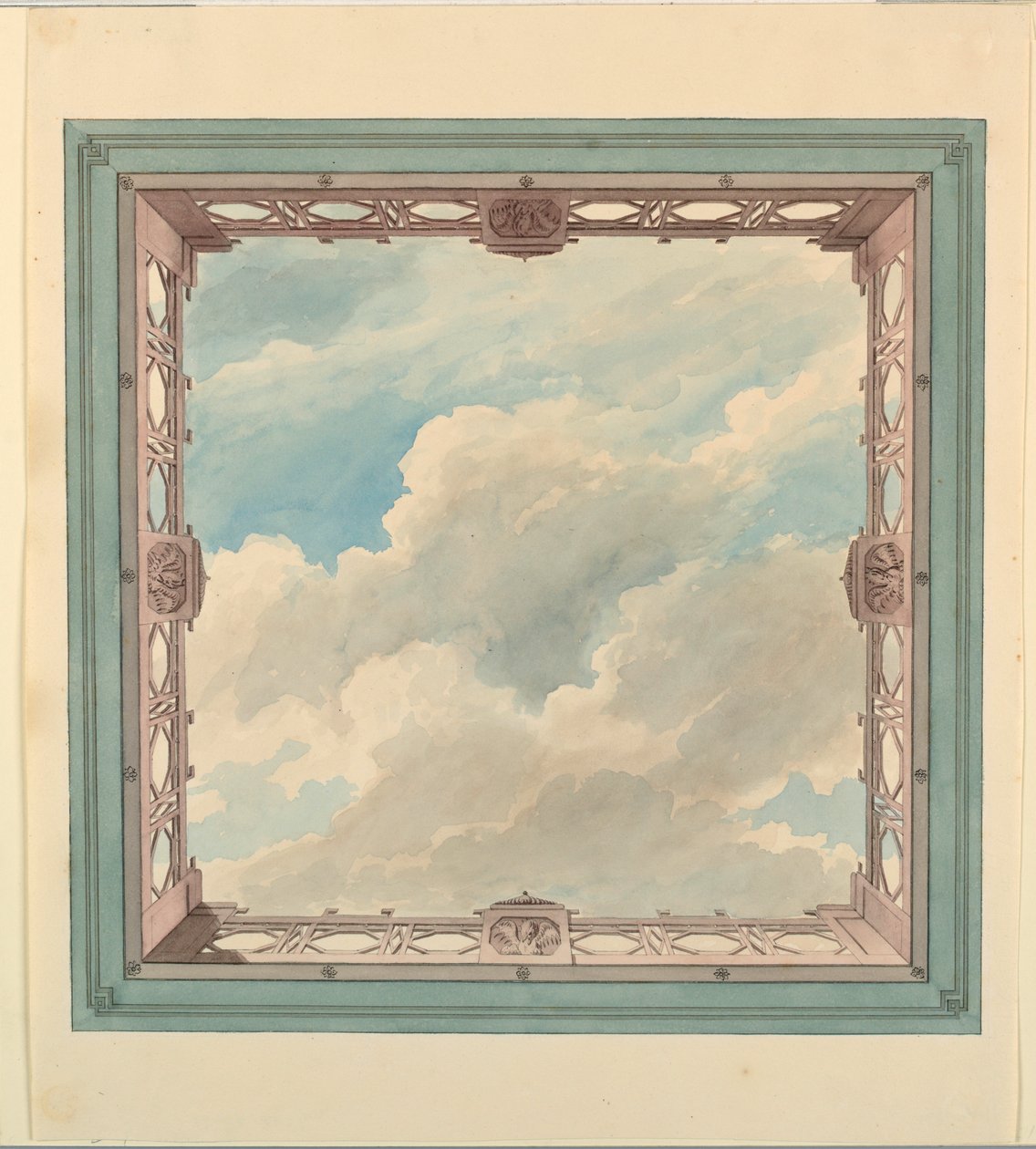 Tekening, plafondontwerp met gefretteerd balkon en open hemel, mogelijk voor serre/muziekkamer of eetkamer, ca. 1820 door Unknown artistUnknown artist
