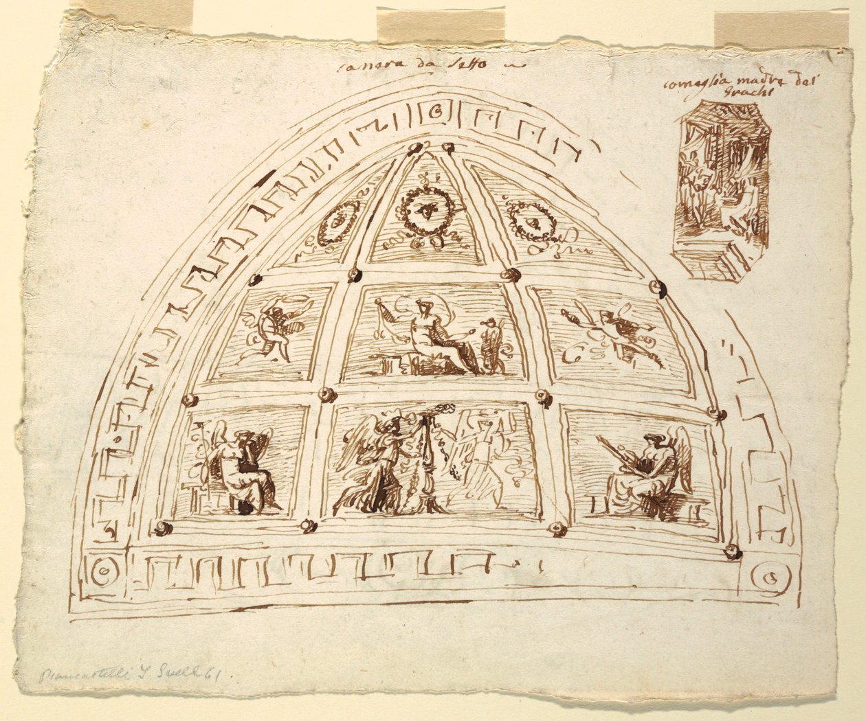 Tekening, plafond gewelfdecoratie, slaapkamer, Cornelia kamer van Palazzo Cavina, Faenza, 1816 door Unknown artistUnknown artist