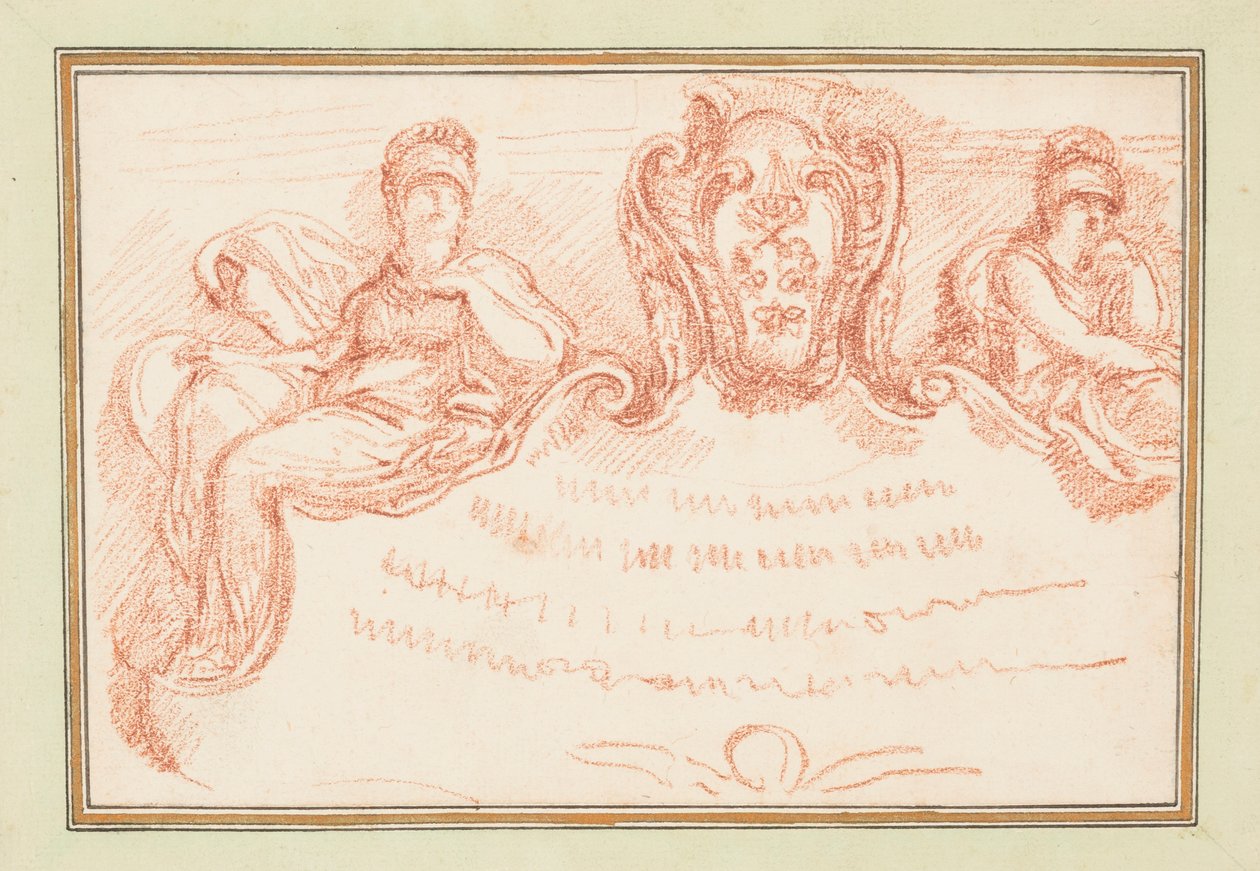 Tekening, Plafonddetail met twee zittende figuren en wapenschild, ca. 1759-70 door Unknown artistUnknown artist