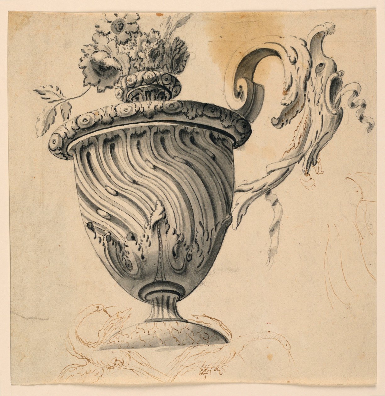 Tekening, plafondschildering en bloemenvaas, ca. 1725-50 door Unknown artistUnknown artist