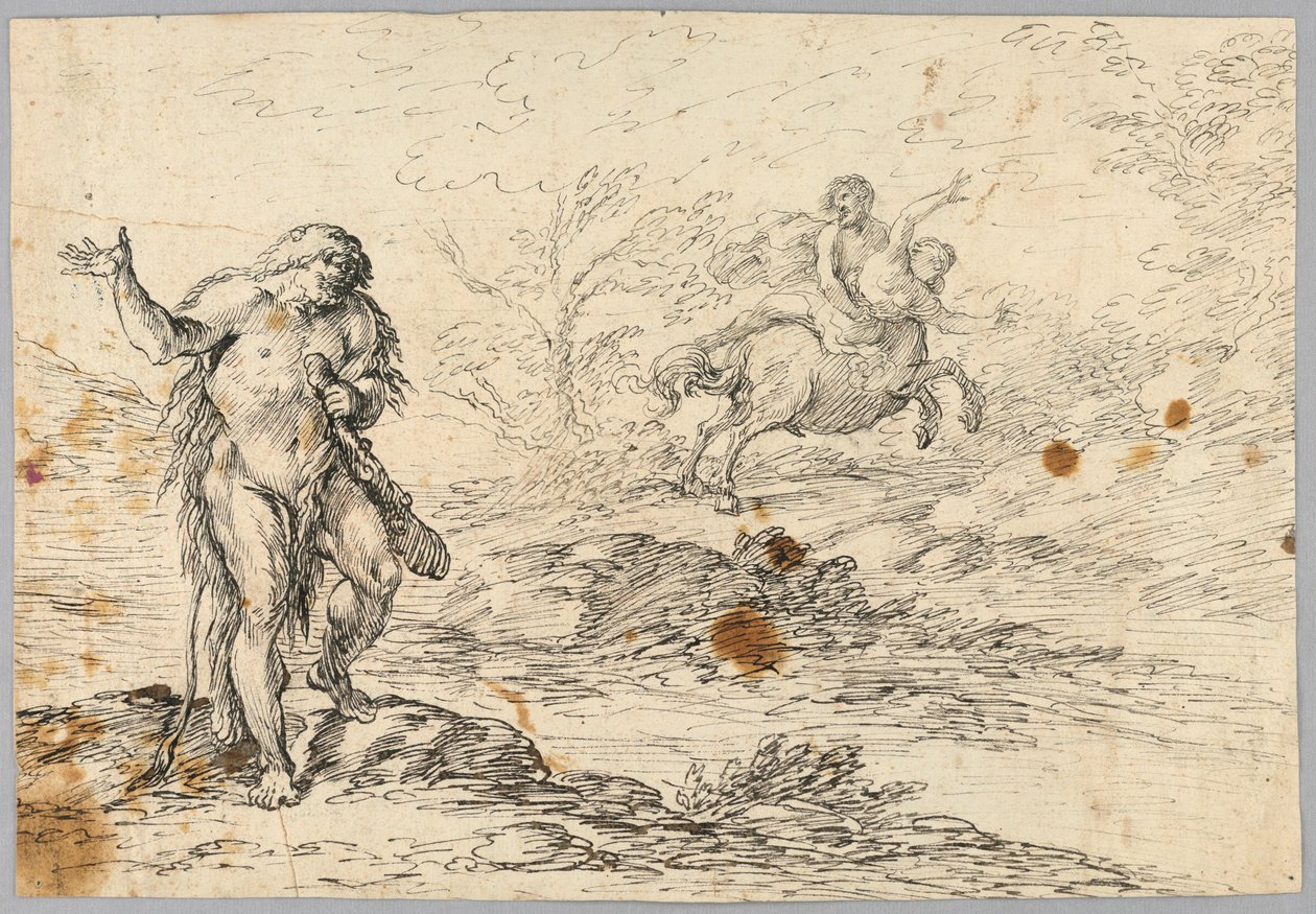 Tekening, Centaur redt meisje van knuppelzwaaiend schepsel, 16e-19e eeuw door Unknown artistUnknown artist