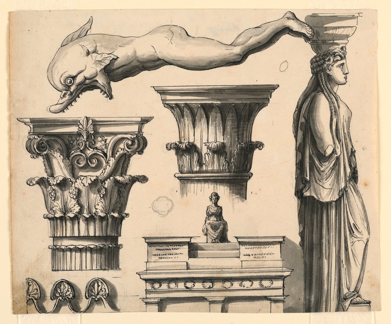 Tekening, Klassieke en Pseudo-Klassieke Architectonische Details, ca. 1840 door Unknown artistUnknown artist