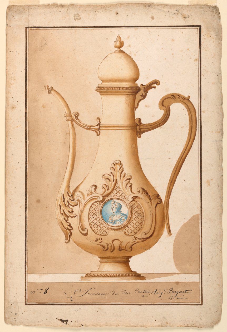 Tekening, Koffiekan met geëmailleerd medaillon, 1700-1725 door Unknown artistUnknown artist