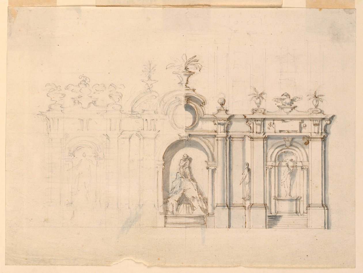 Tekening, Zuilengalerij met fontein, ca. 1770 door Unknown artistUnknown artist