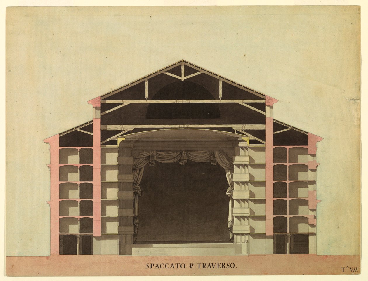 Tekening, Wedstrijdontwerp voor La Fenice, Venetië: Dwarsdoorsnede, 1788 door Unknown artistUnknown artist