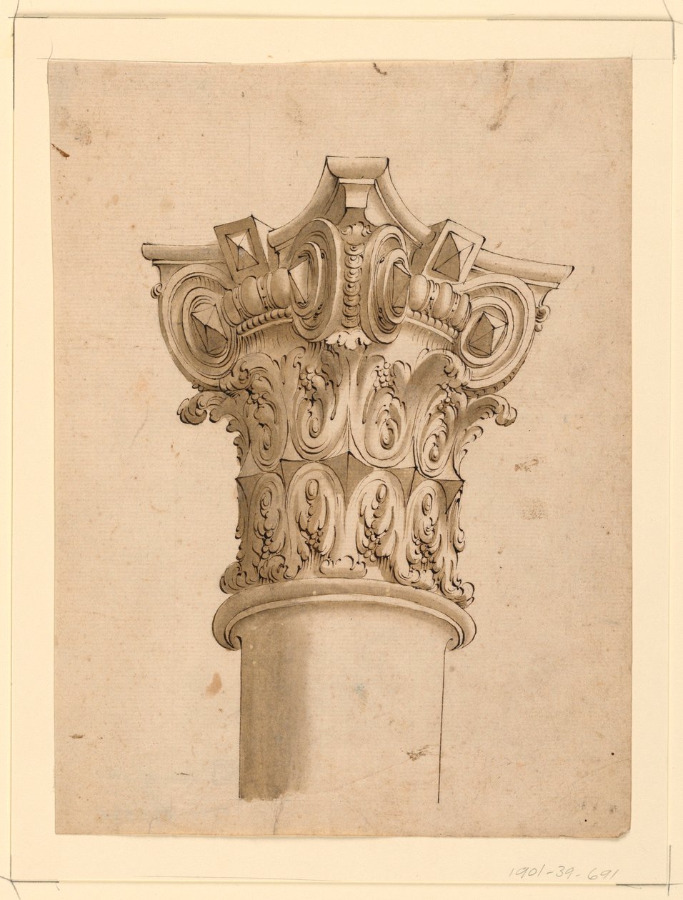 Tekening, hoekaanzicht van samengesteld kapiteel, 1625-1650 door Unknown artistUnknown artist
