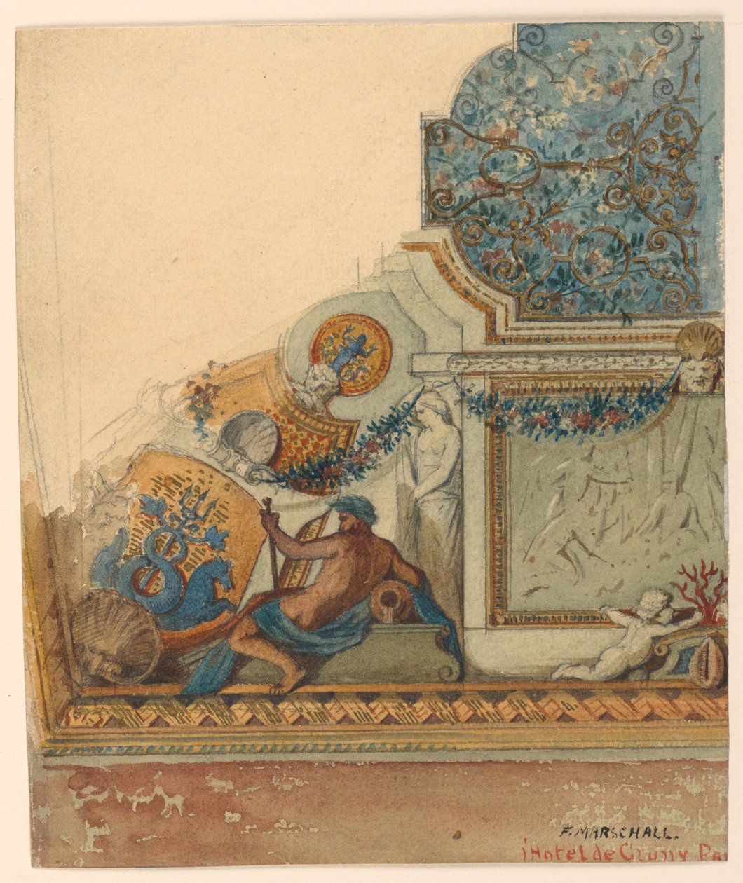 Tekening, hoekdetail van plafond, Hotel de Cluny, Parijs, ca. 1885 door Unknown artistUnknown artist