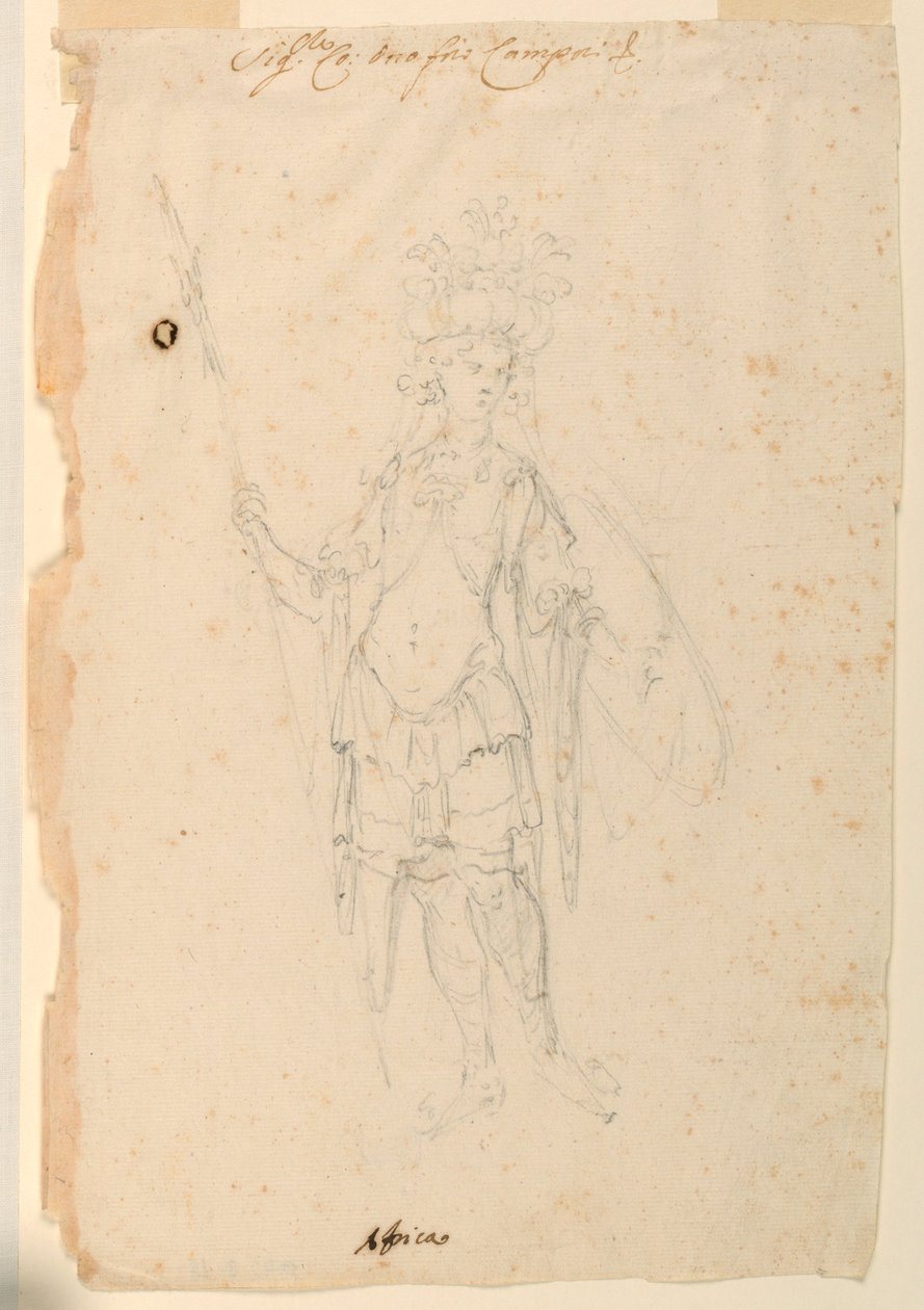 Tekening, Kostuumontwerp: Afrika voor een ballet, ca. 1720 door Unknown artistUnknown artist