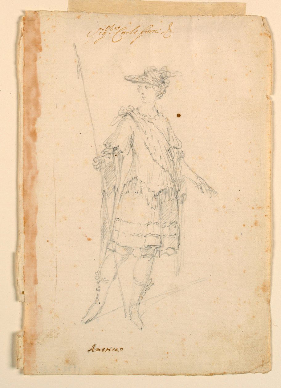 Tekening, Kostuumontwerp: Amerika voor een ballet, ca. 1720 door Unknown artistUnknown artist