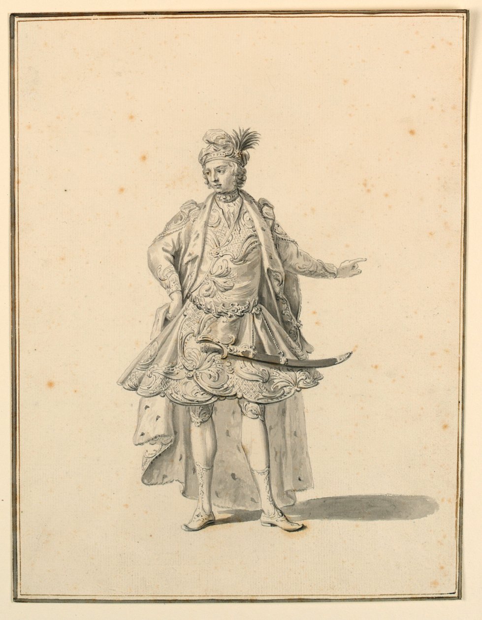Tekening, Kostuumontwerp: Perzische prins, voor een toneelproductie ontworpen door Giuseppe Galli Bibiena, 1719 door Unknown artistUnknown artist