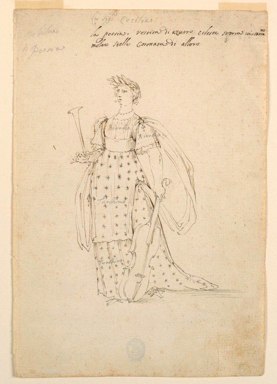 Tekening, Kostuumontwerp: Poëzie voor een ballet, ca. 1720 door Unknown artistUnknown artist