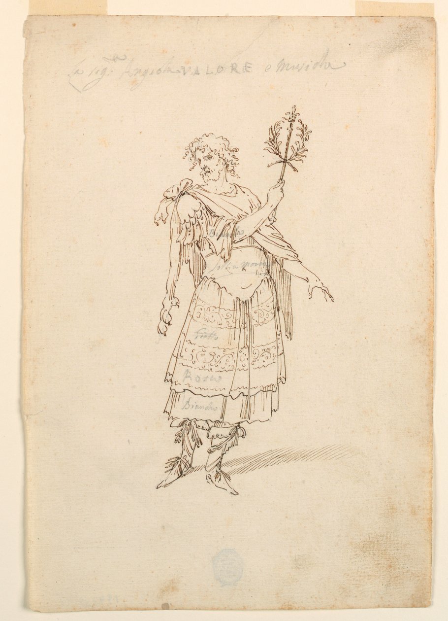 Tekening, Kostuumontwerp: Valor en muziek voor een ballet, ca. 1720 door Unknown artistUnknown artist