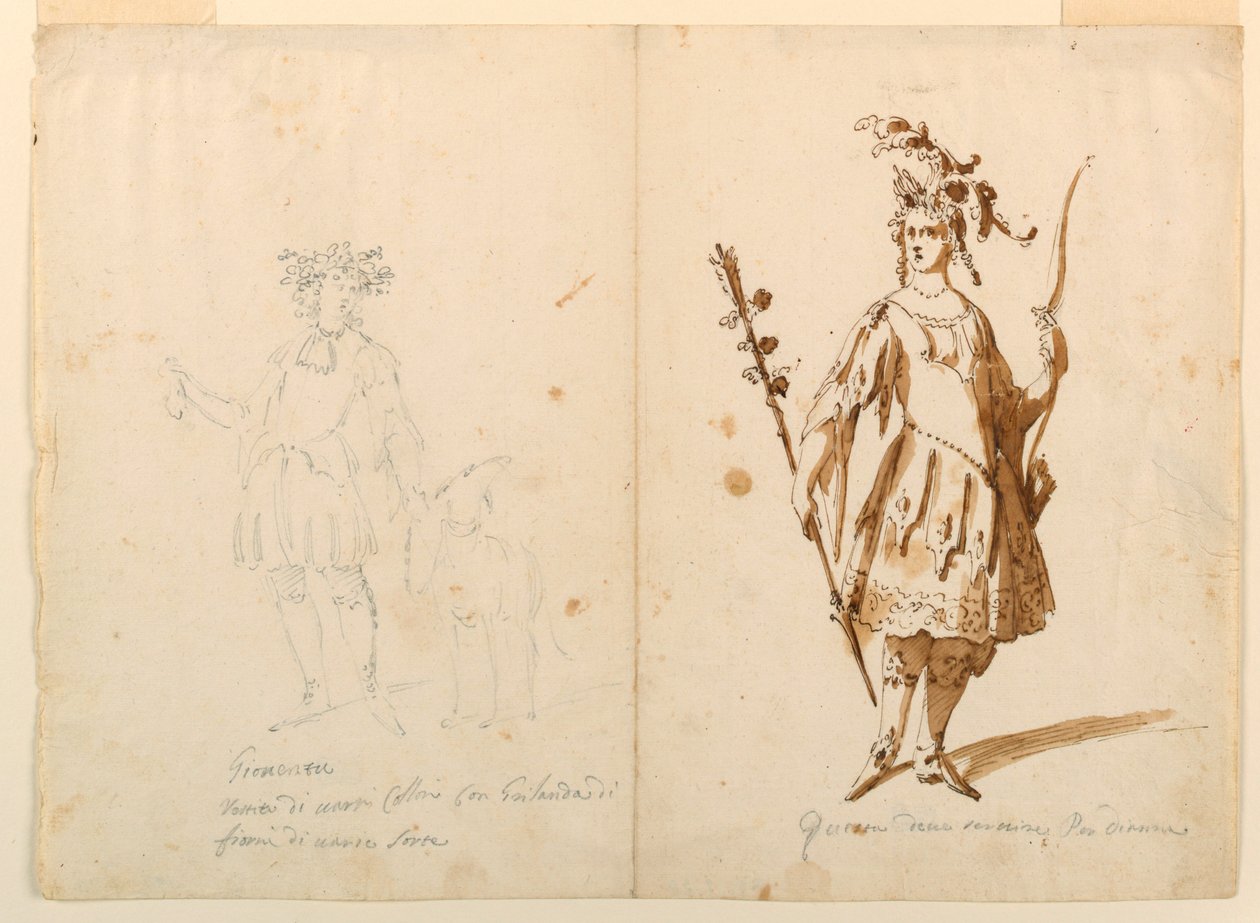 Tekening, Kostuumontwerp: Jeugd en Diana voor een Ballet, ca. 1720 door Unknown artistUnknown artist