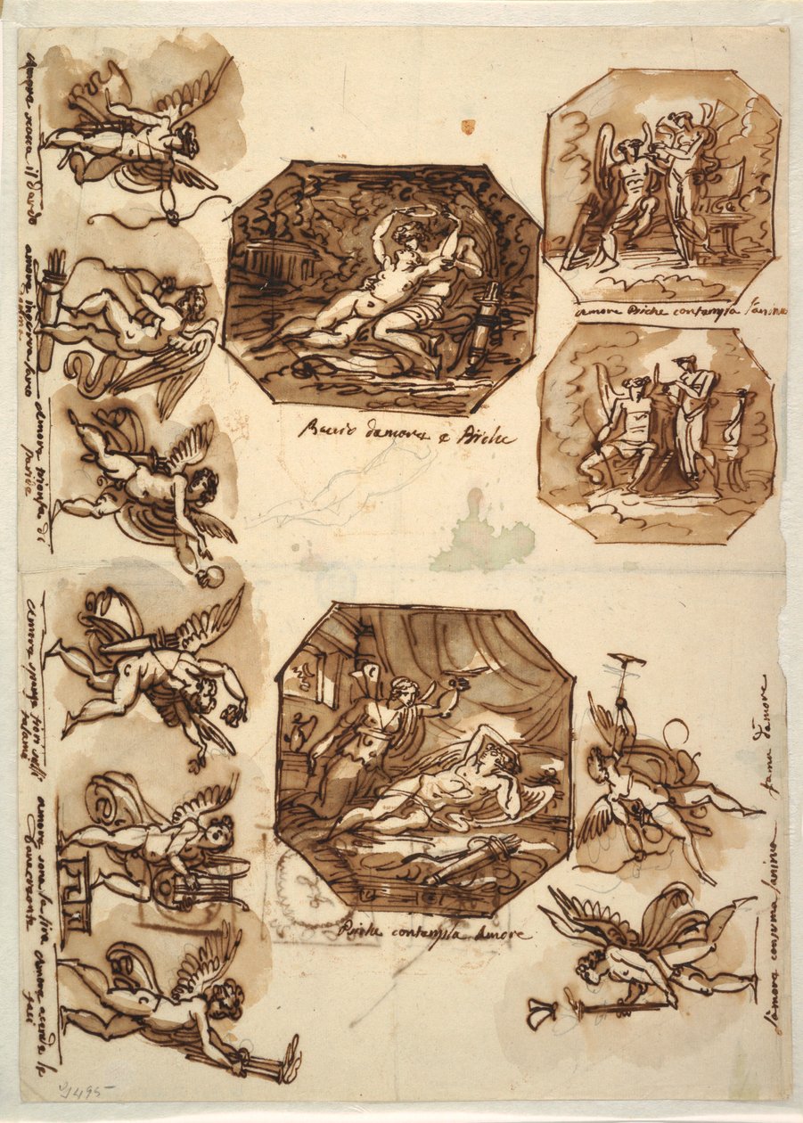 Tekening, Cupido en Psyche: Vier Octagons en acht tekeningen van Cupido, 1810-15 door Unknown artistUnknown artist