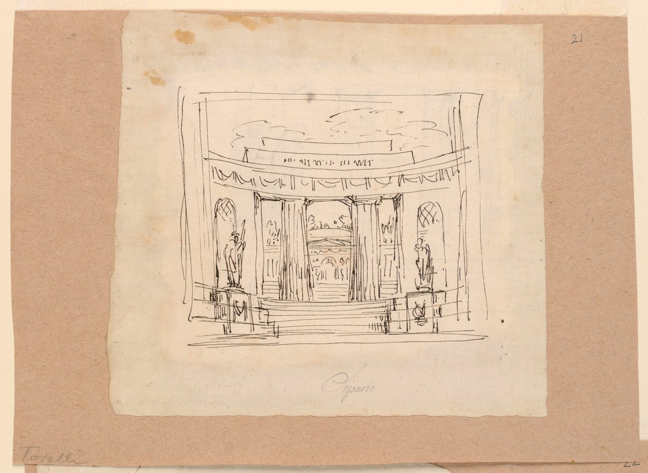 Tekening, gordijnontwerp, gebogen poort Antieke architectuur, begin 19e eeuw door Unknown artistUnknown artist