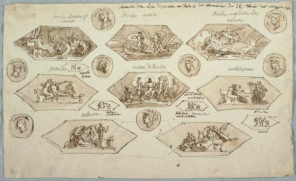 Tekening, Decoratie voor het plafond van een slaapkamer in Villa Aldini, Montmorency, 1813 door Unknown artistUnknown artist