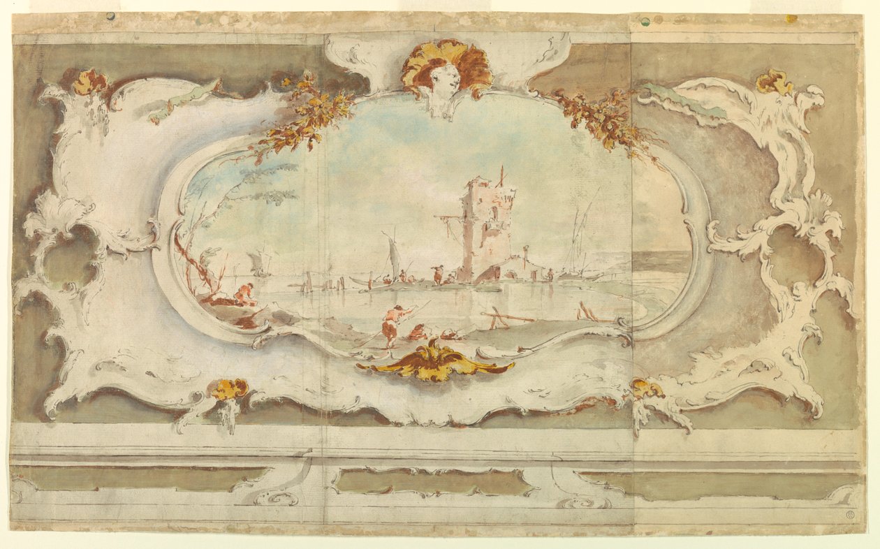Tekening, decoratieve cartouche met een landschap, ca. 1770 door Unknown artistUnknown artist