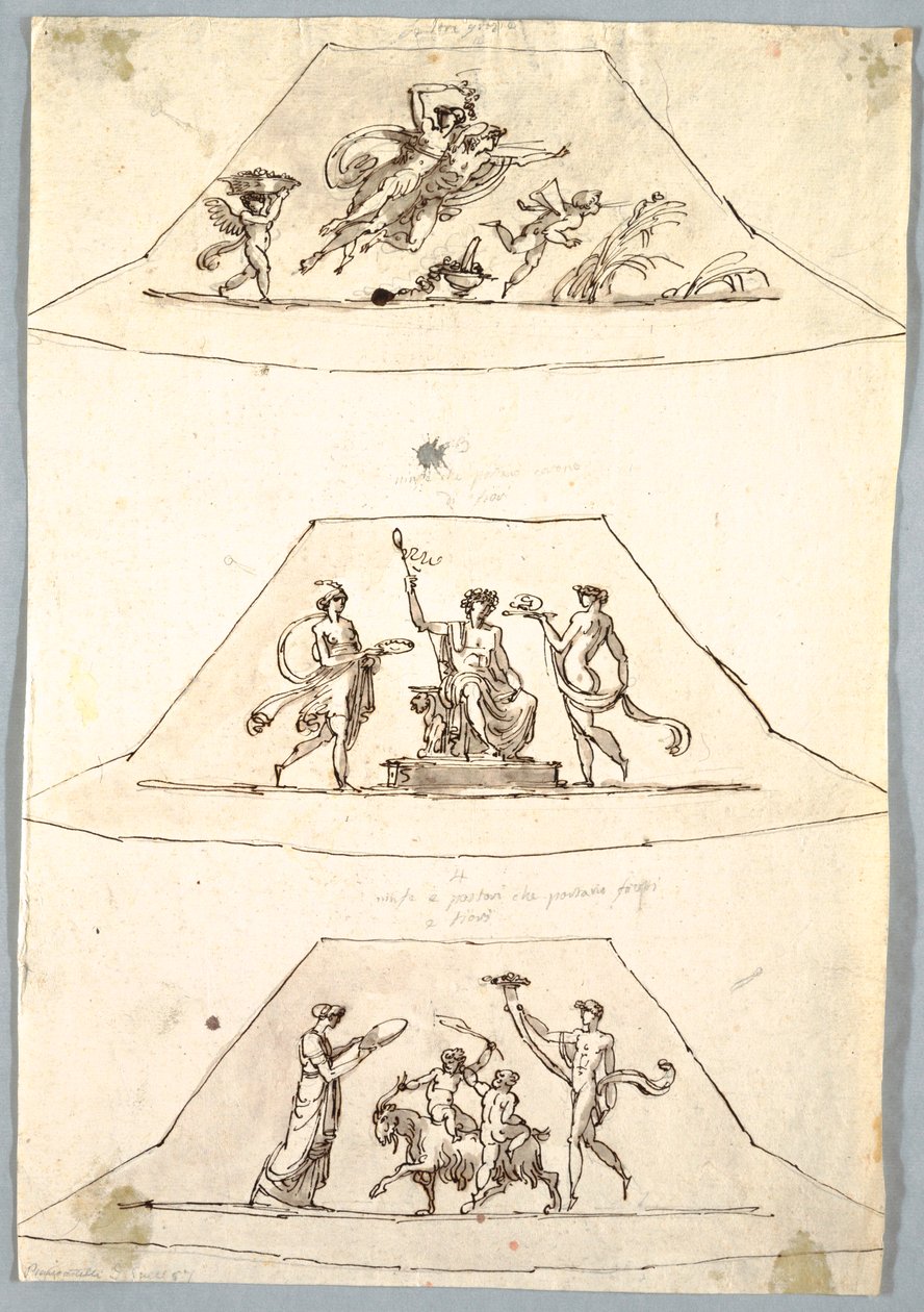 Tekening, Decoratief Project: Drie trapeziums met Flora en Zefiro, ca. 1815 door Unknown artistUnknown artist