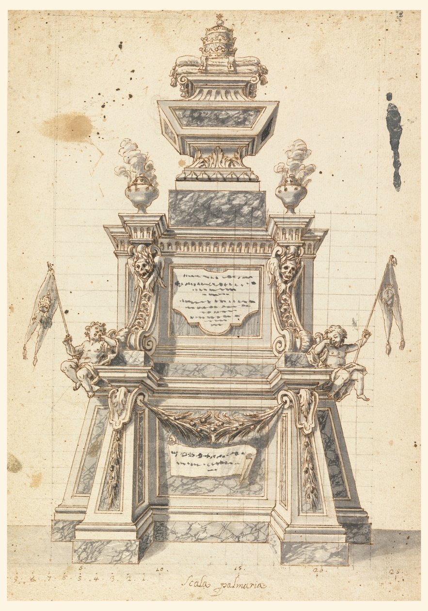 Tekening, Ontwerp voor een katafalk voor de herdenkingsdienst van een paus, waarschijnlijk Clemens XI, 1721 door Unknown artistUnknown artist