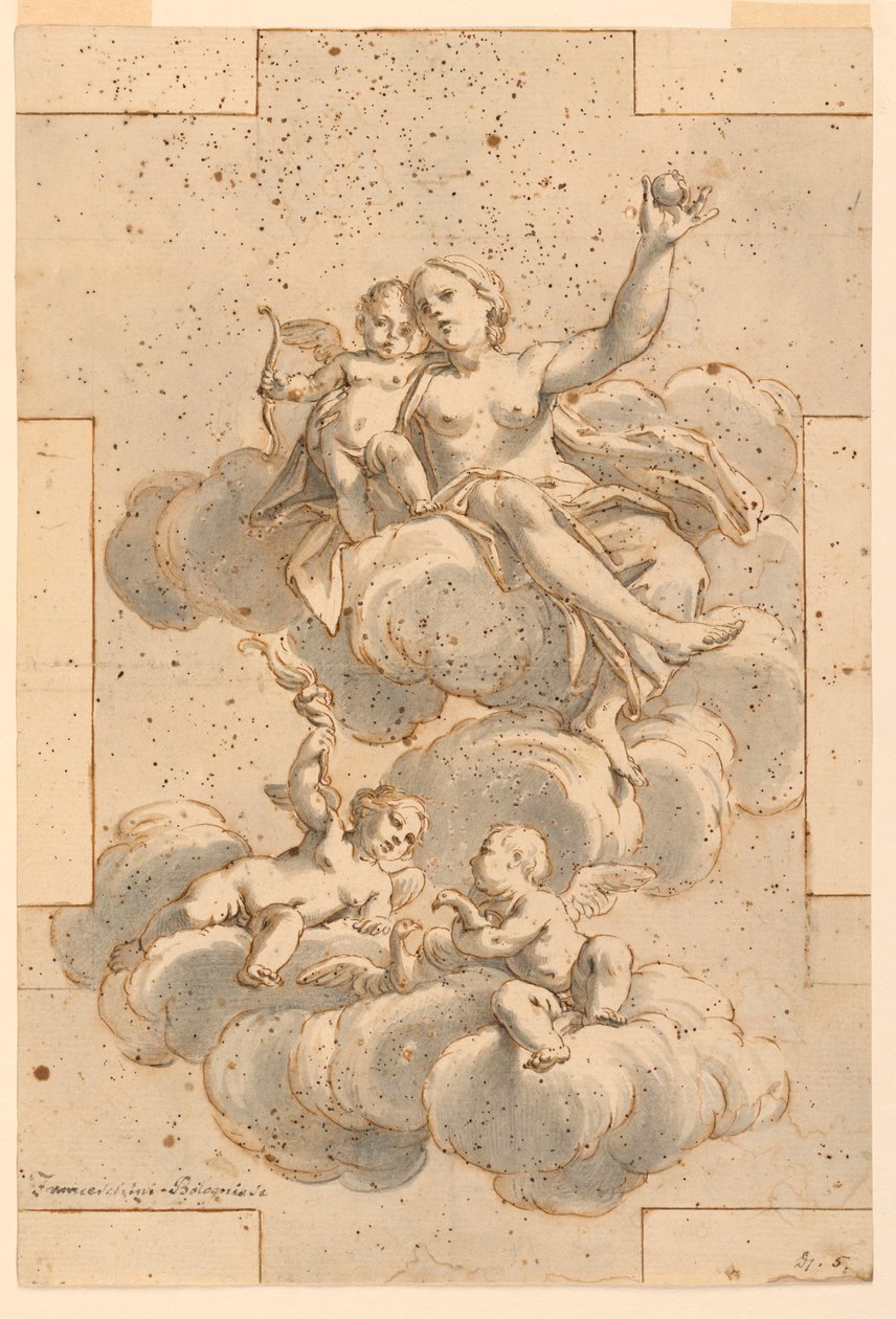 Tekening, ontwerp voor een plafondschildering, Venus, Cupido en Putti, 1700-29 door Unknown artistUnknown artist