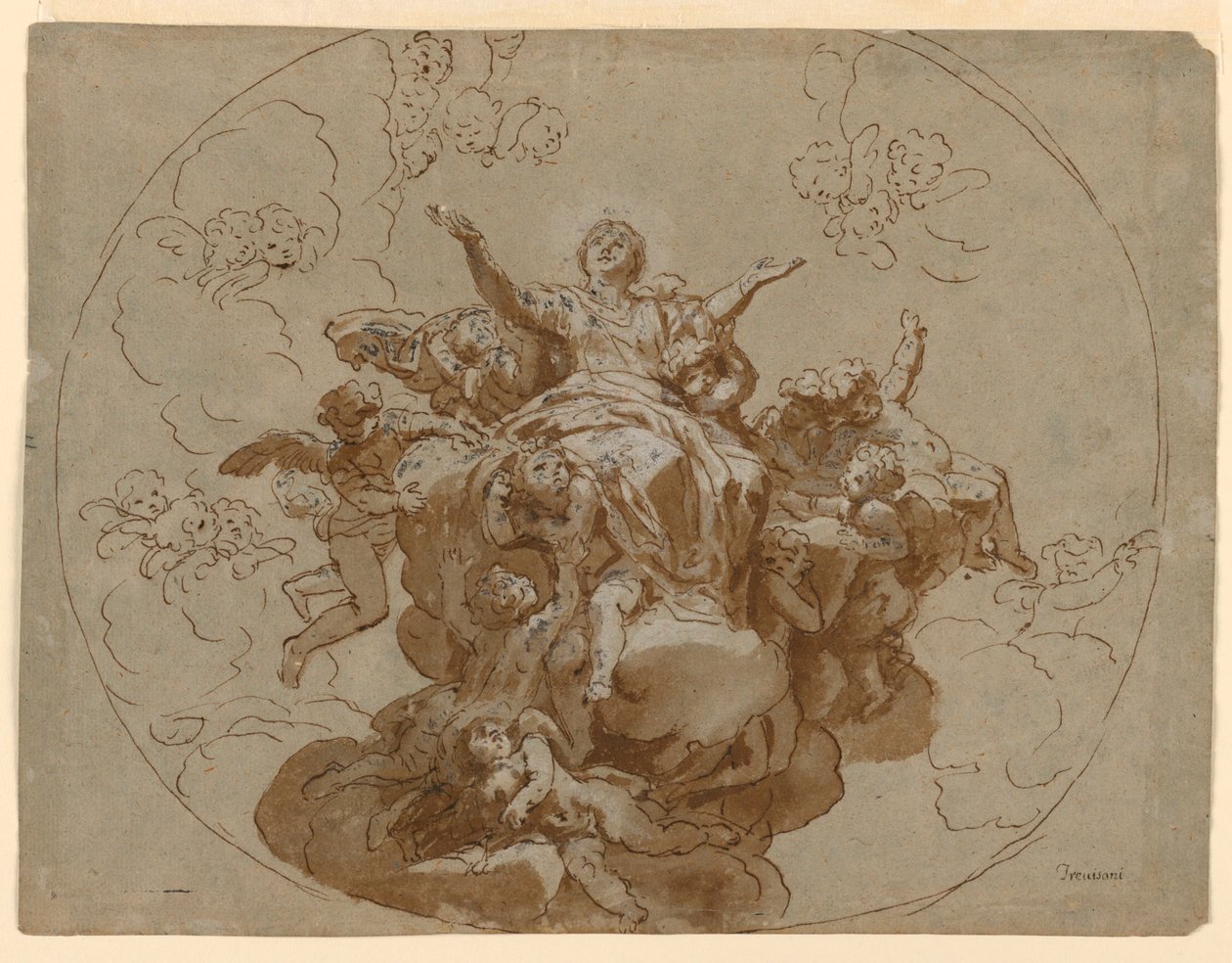 Tekening, Ontwerp voor een plafond met de Hemelvaart van de Maagd, 1700-1730 door Unknown artistUnknown artist