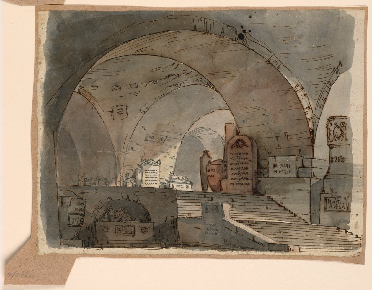 Tekening, Toneelontwerp, ondergrondse gewelfde ruimte met graven, begin 19e eeuw door Unknown artistUnknown artist
