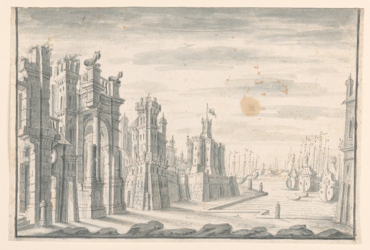 Tekening, Toneelontwerp, Gezicht op stad en haven, begin 18e eeuw door Unknown artistUnknown artist