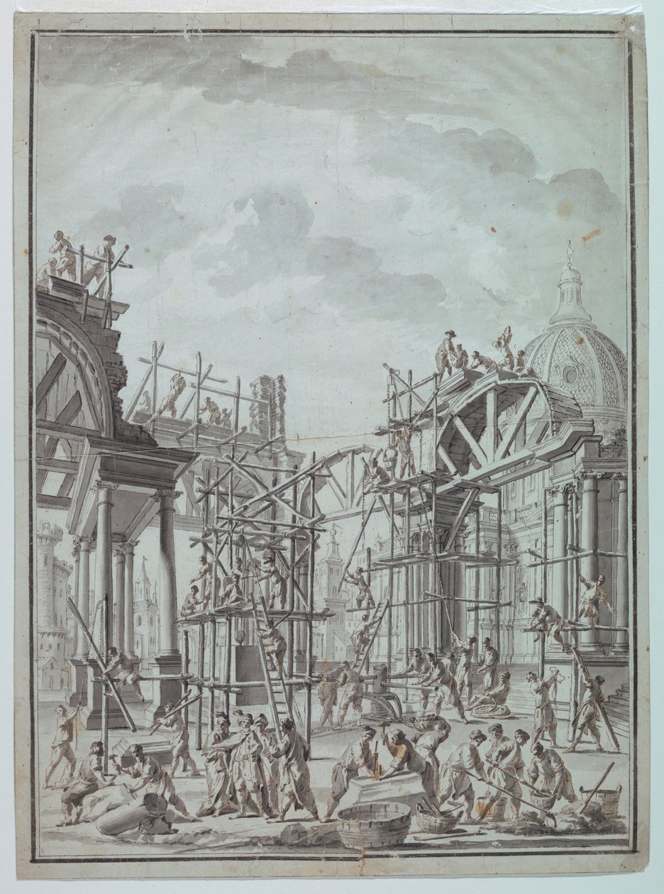 Tekening, Arbeiders bouwen arcades, ca. 1740 door Unknown artistUnknown artist
