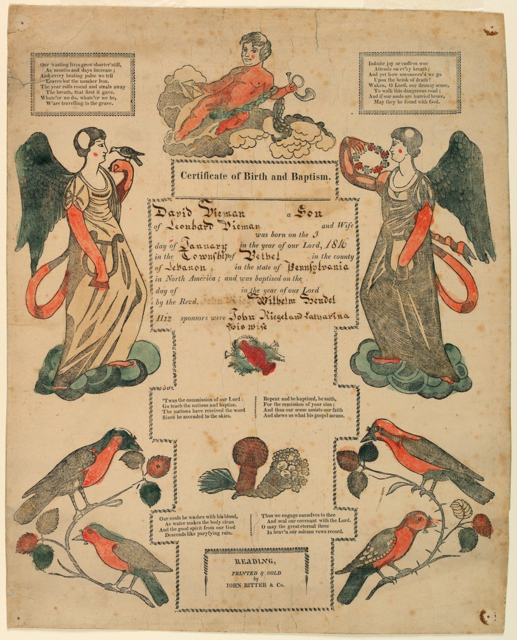 Fraktur, doopcertificaat [Geboorteakte], 1816 door Unknown artistUnknown artist