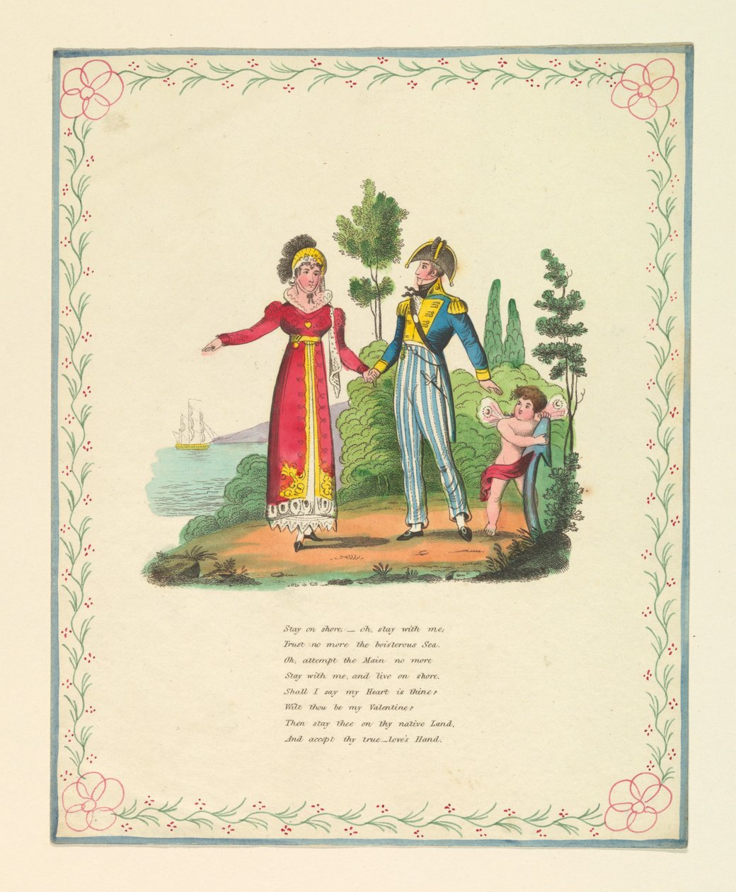 Wenskaart, "Blijf aan wal, - oh, blijf bij mij...", ca. 1821 door Unknown artistUnknown artist