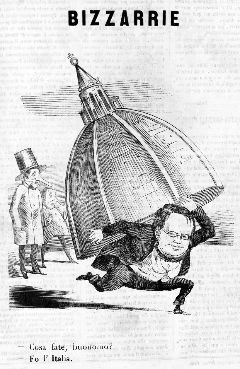 - Wat doet u, meneer? - Ik maak Italië (Cavour met de koepel van Florence) satirische gravure van Il Fischietto door Unknown artist