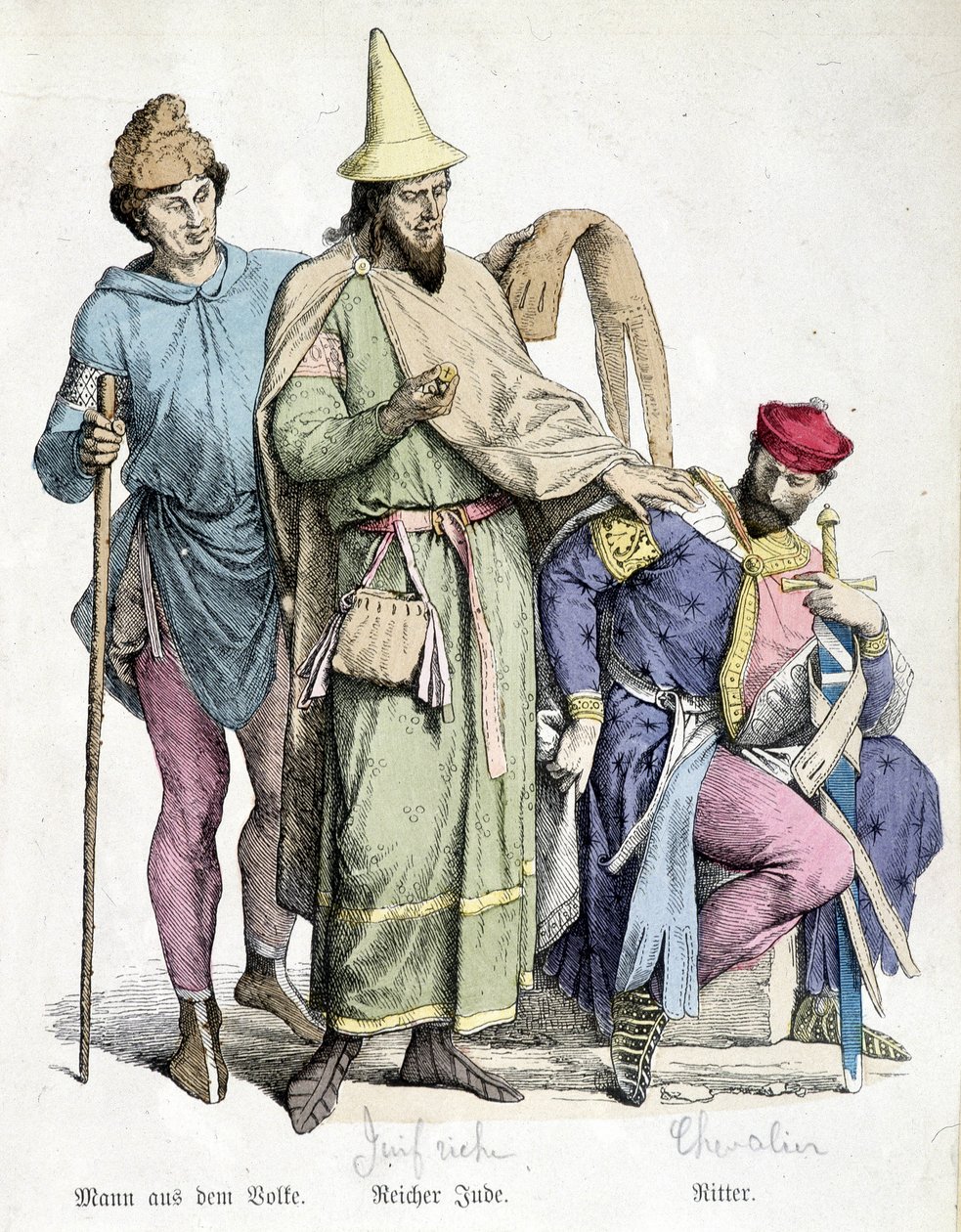 11e-eeuwse kostuums: De man met de stok, de rijke Jood en de ridder. Gravure uit de 19e eeuw door Unknown artist