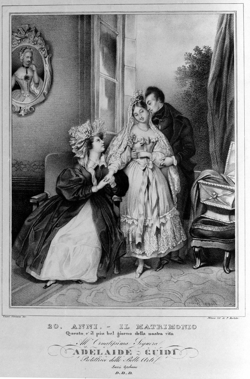 20 jaar: huwelijk. Voorstelling van een pasgetrouwd stel. Lithografie uit de 19e eeuw. door Unknown artist
