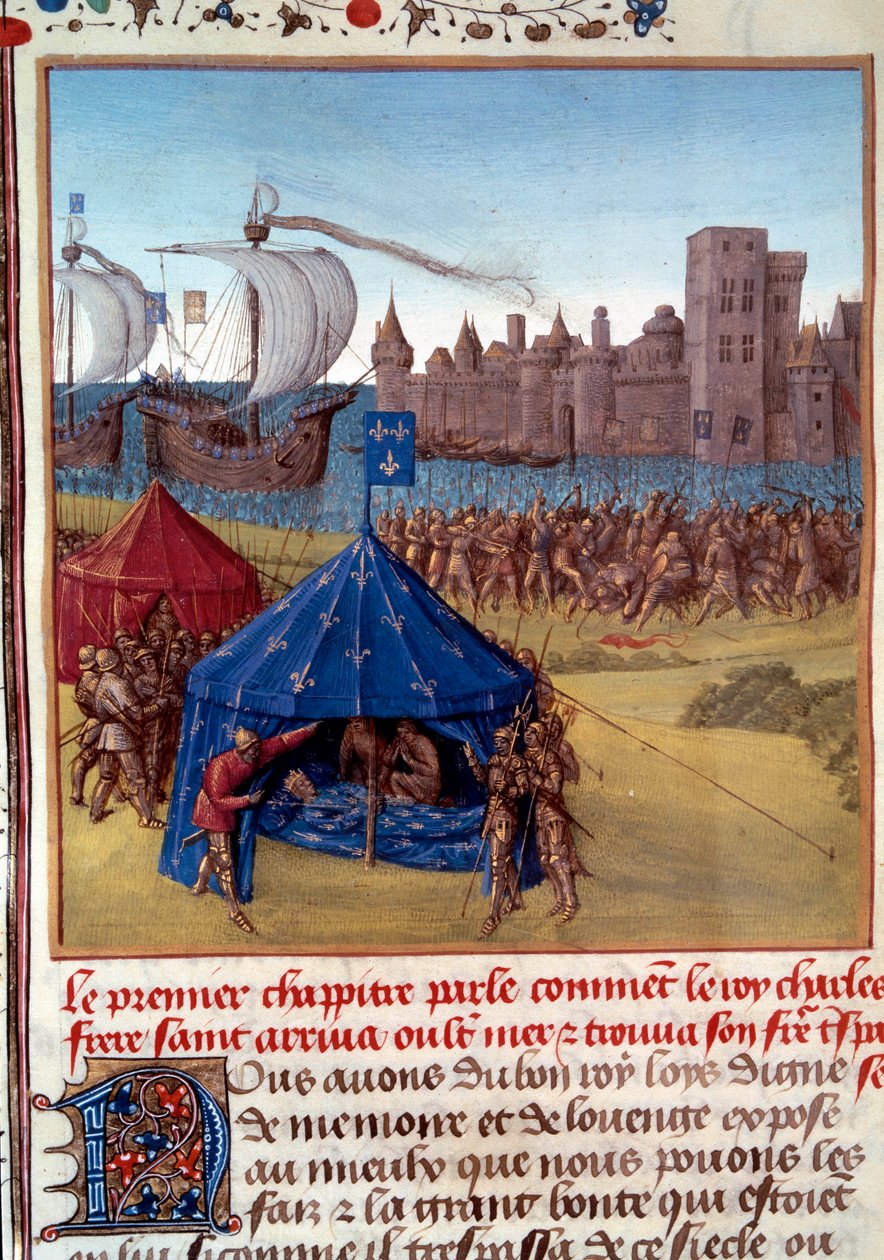 8e Kruistocht: De dood van Saint Louis (Lodewijk IX) (1214/1215-1270) door de pest in Tunis. Miniatuur uit 
