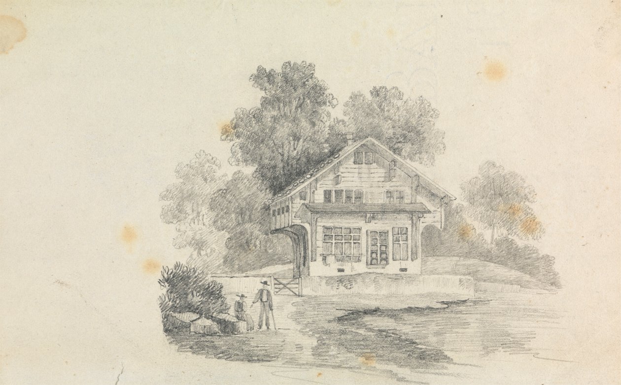 Een chalet met twee figuren aan de voorkant door Unknown artist
