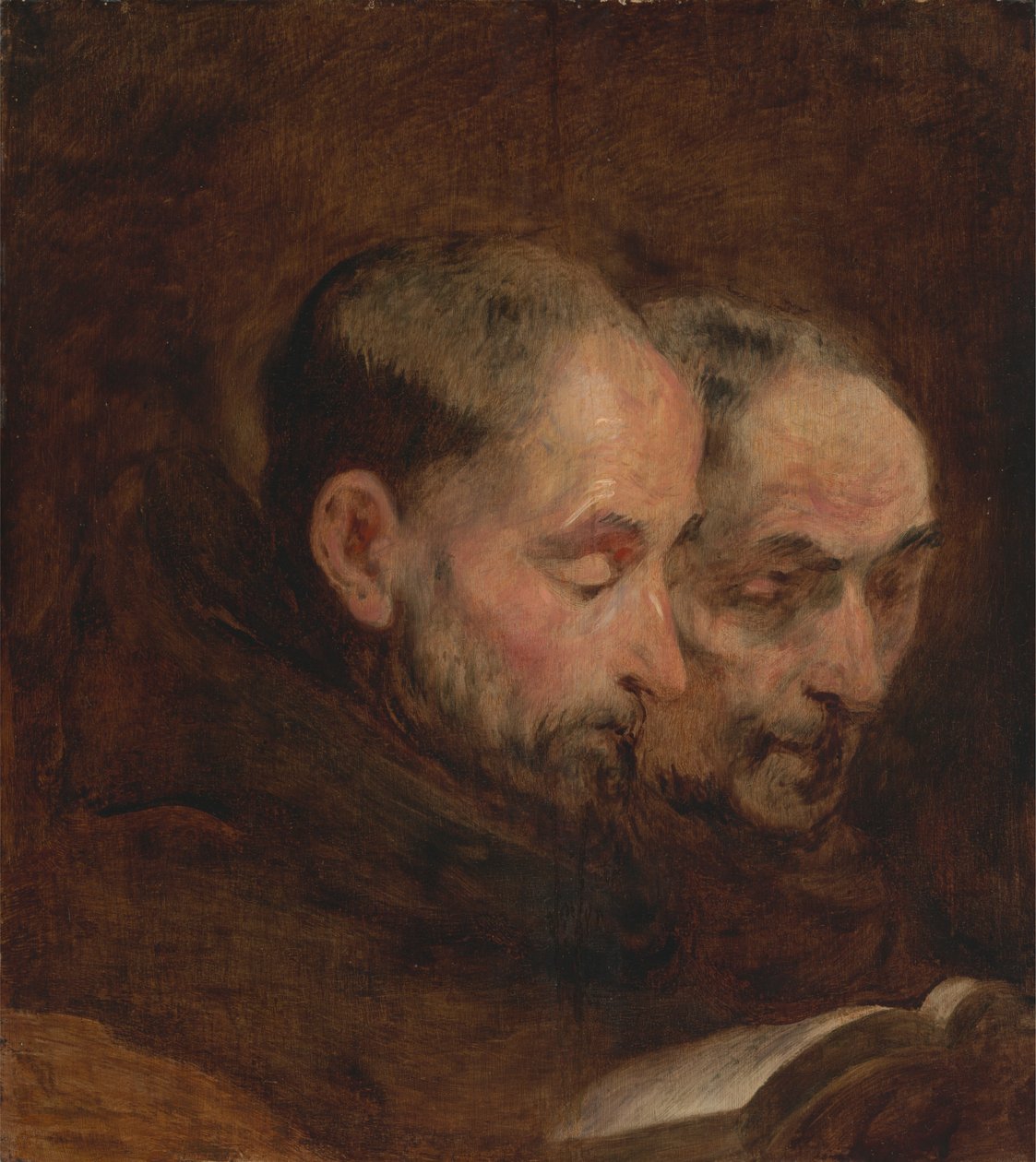 Een kopie naar een schilderij traditioneel toegeschreven aan Van Dyck van twee lezende monniken door Unknown artist