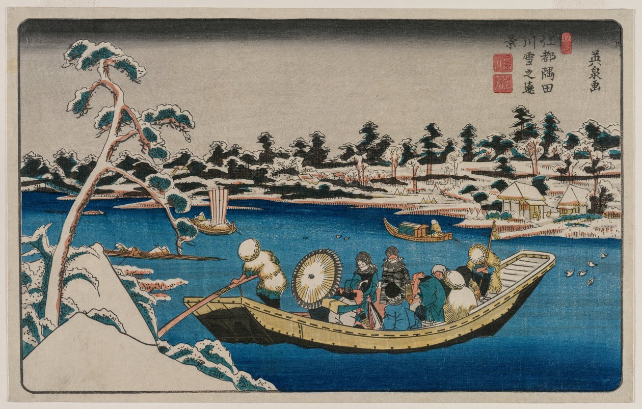 Een verre blik op sneeuw op de Sumida-rivier in Edo door Unknown artist