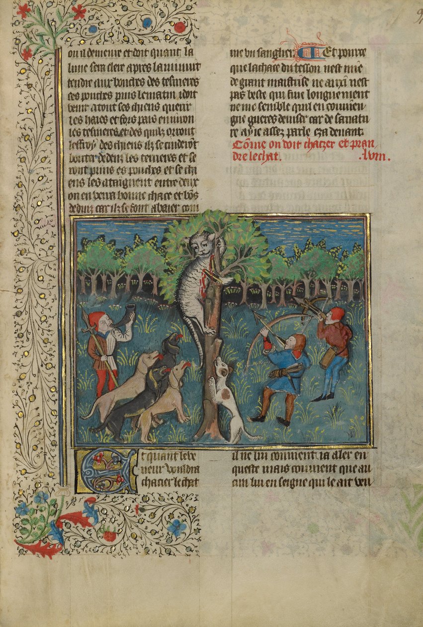 Een jager en honden vallen een wilde kat aan door Unknown artist